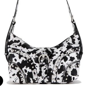 Elley Cow-Print Studded Shoulder Bag - Black & White, NWT